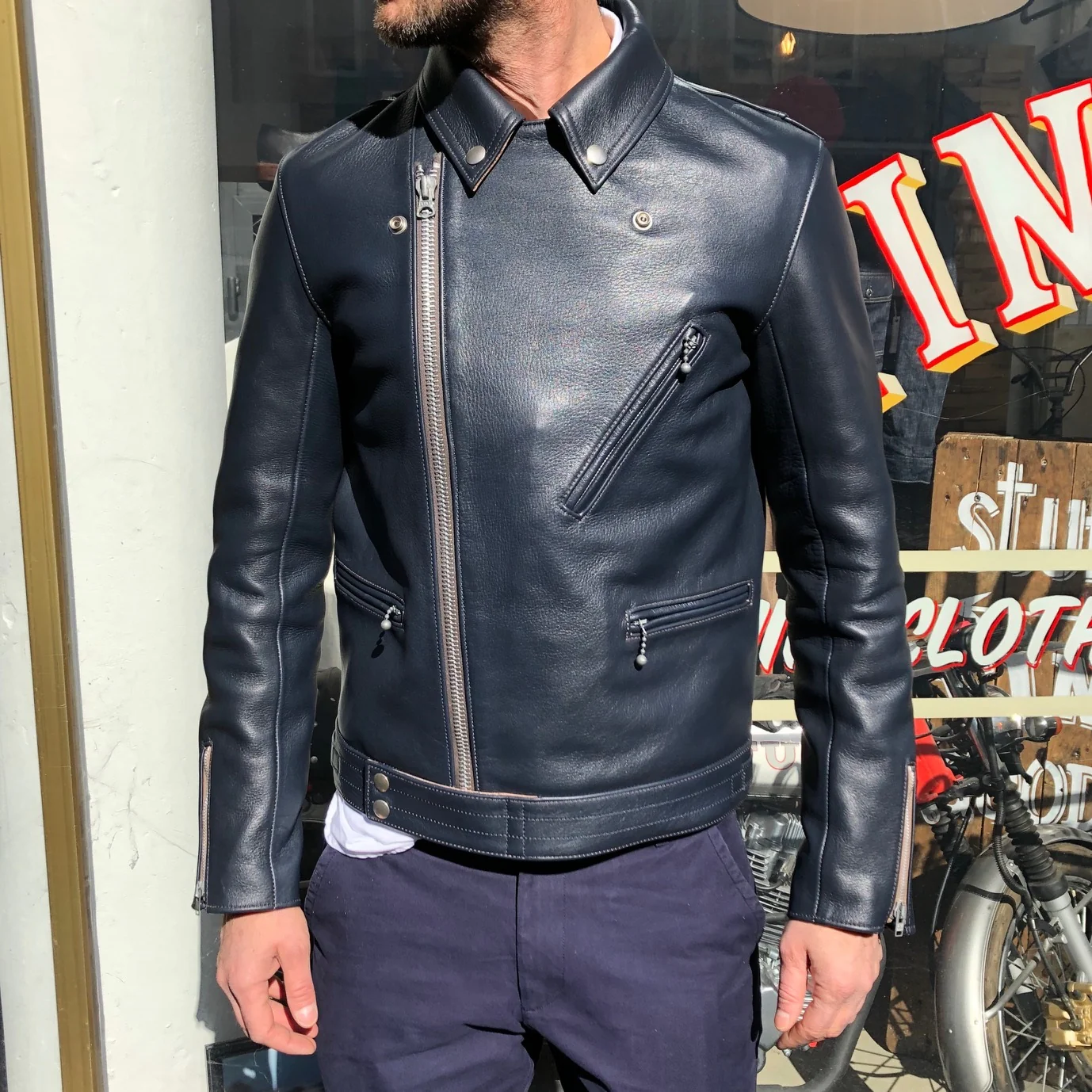 addict clothes for stuf|f | ad-03 navy kip leather british asymmetry jacket - Image 4